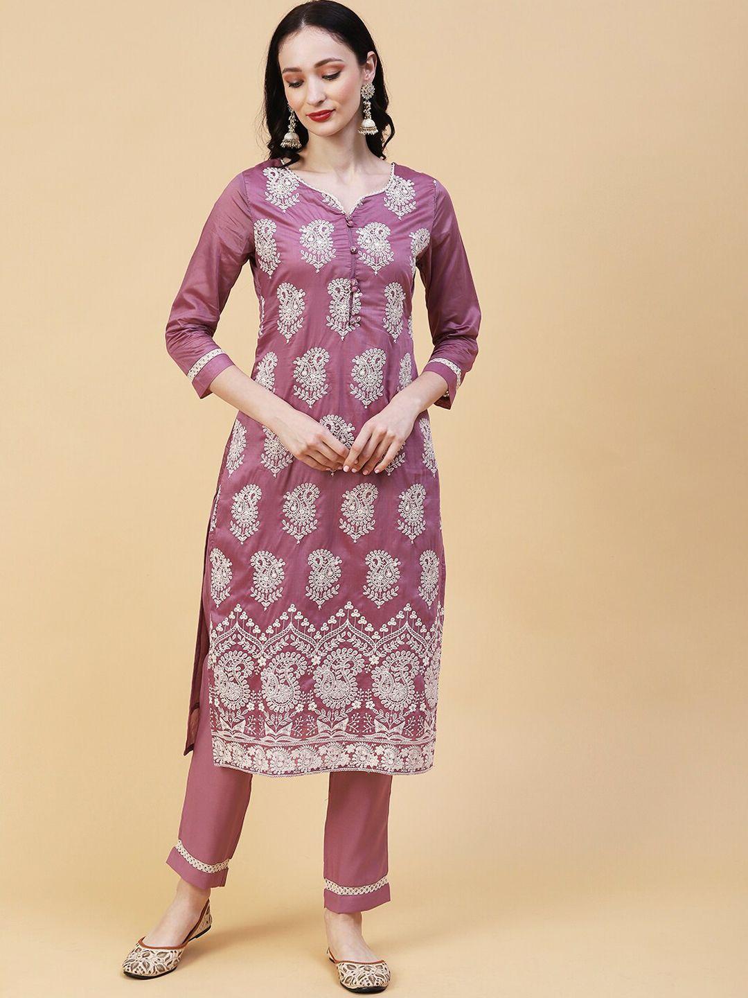 fashor paisley embroidered notched neck sequinned kurta with trousers