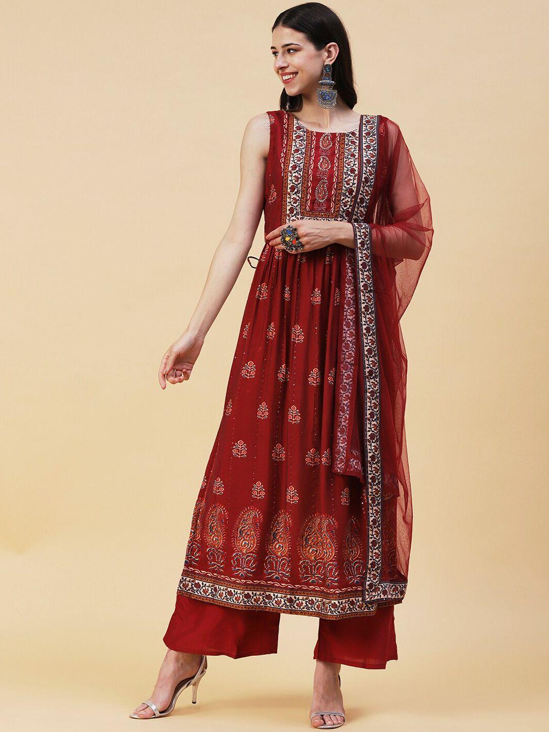 fashor paisley printed pleated sequinned a-line kurta with palazzos & dupatta