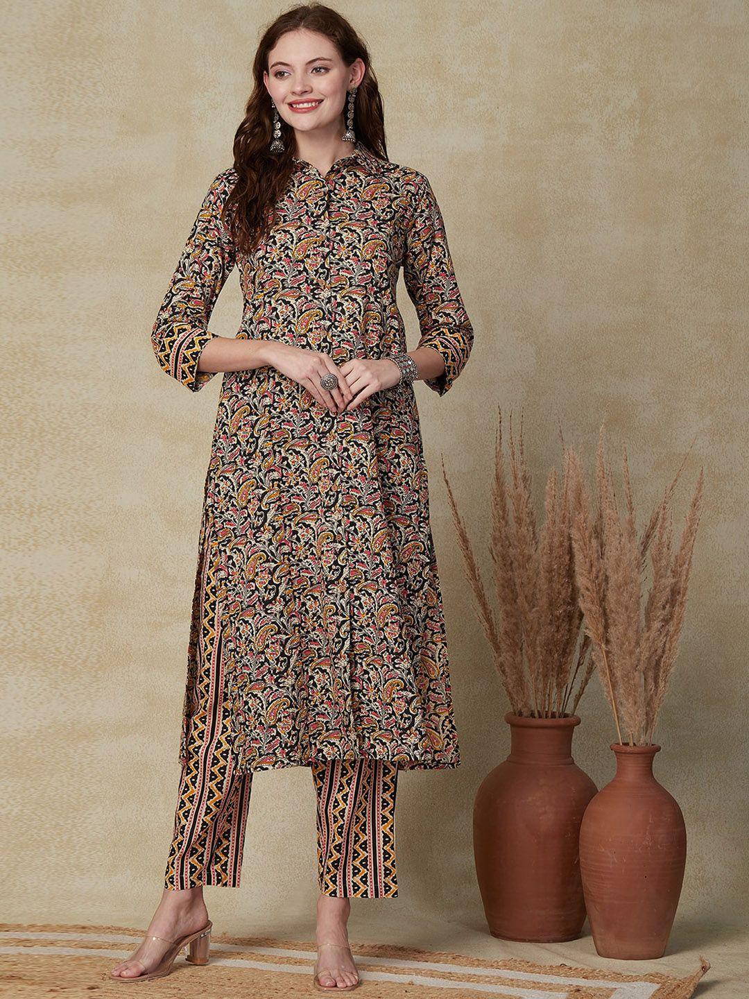 fashor paisley printed regular pure cotton shirt collar kurta with trousers