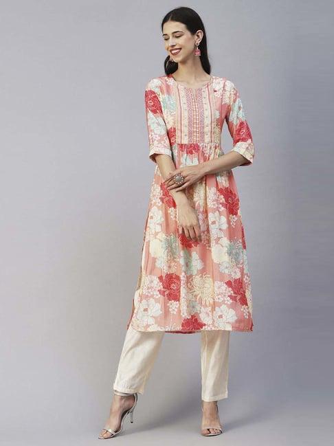 fashor peach & off-white floral print kurta pant set