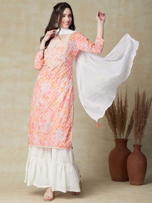 fashor peach & white cotton printed kurta palazzo set with dupatta