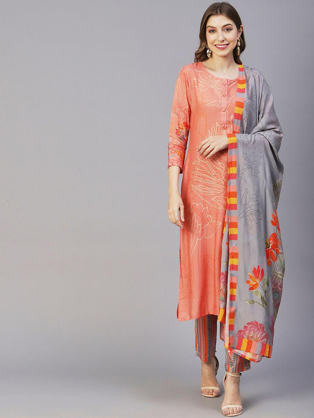 fashor peach-coloured & grey floral printed kurta with trousers & dupatta