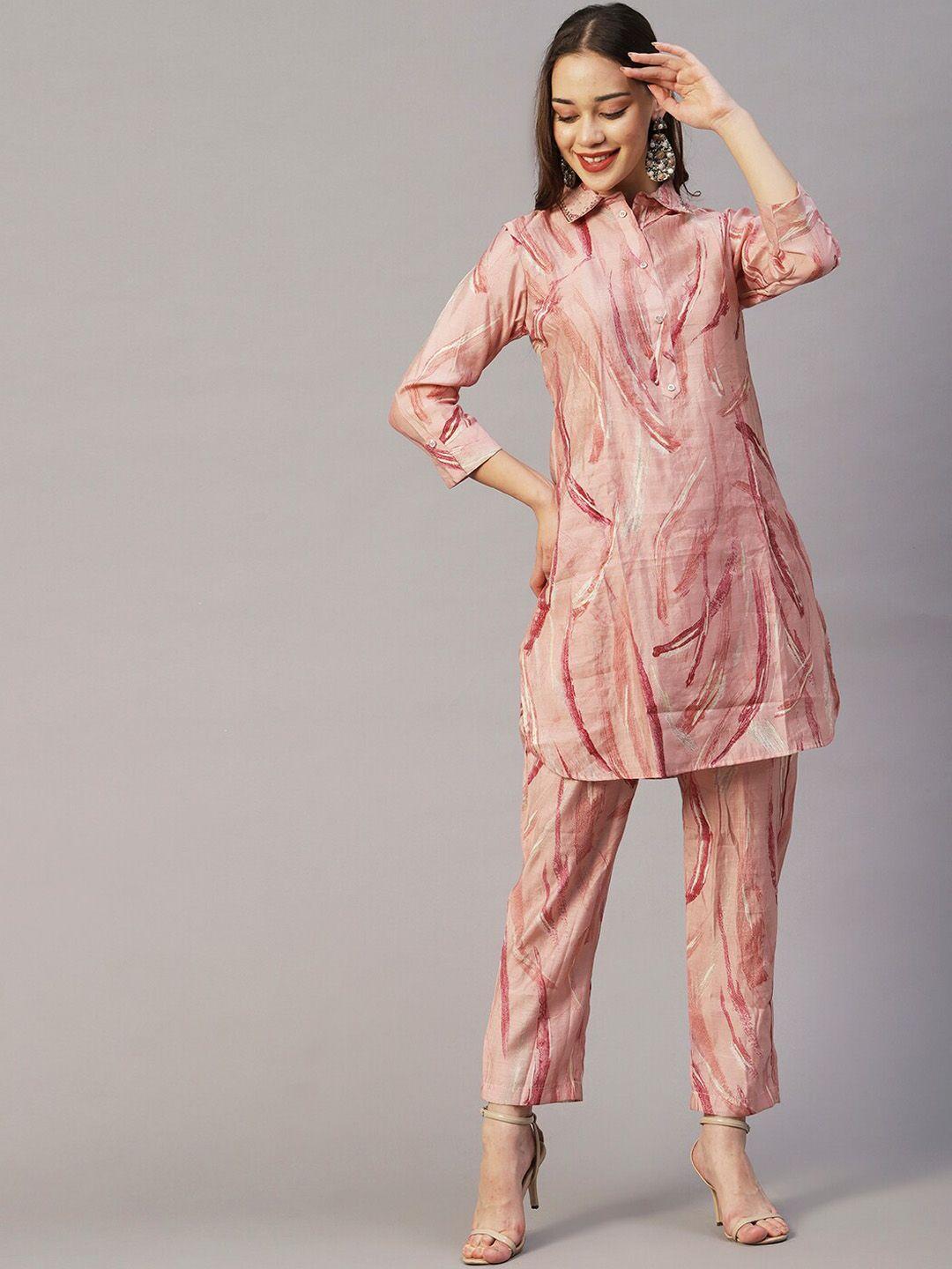 fashor peach-coloured abstract printed shirt collar pathani kurta with trousers