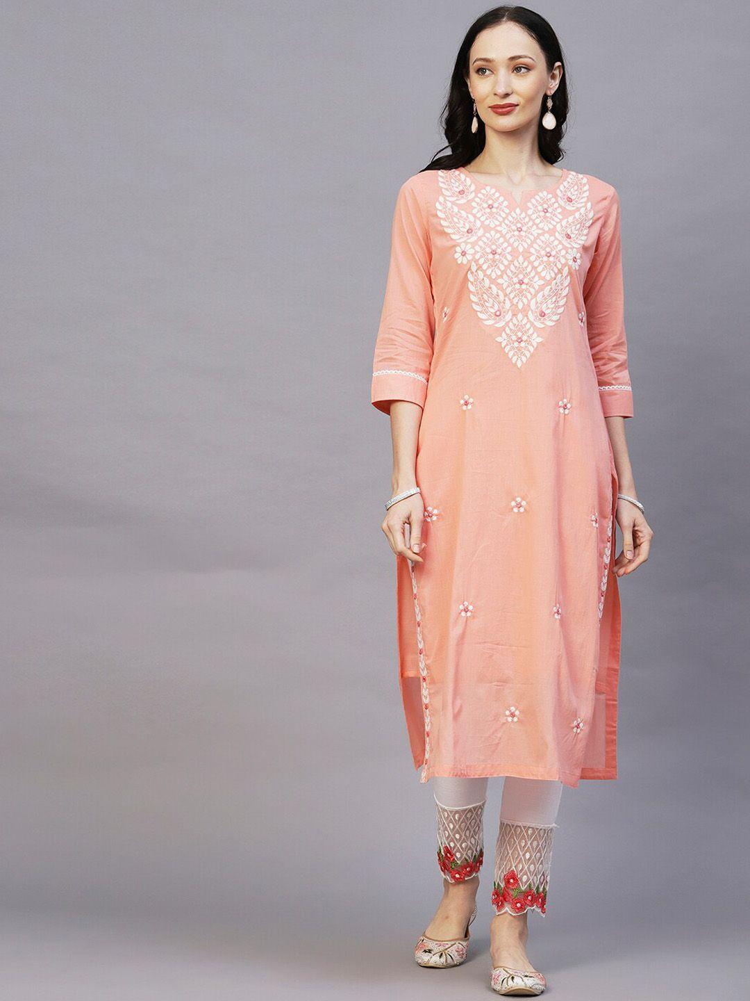 fashor peach-coloured ethnic motifs embroidered lace detail mirror work cotton kurta