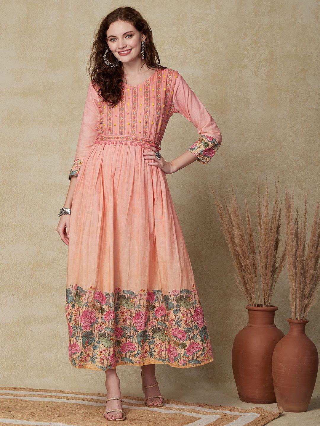 fashor peach-coloured ethnic motifs printed embroidered a-line midi cotton dress