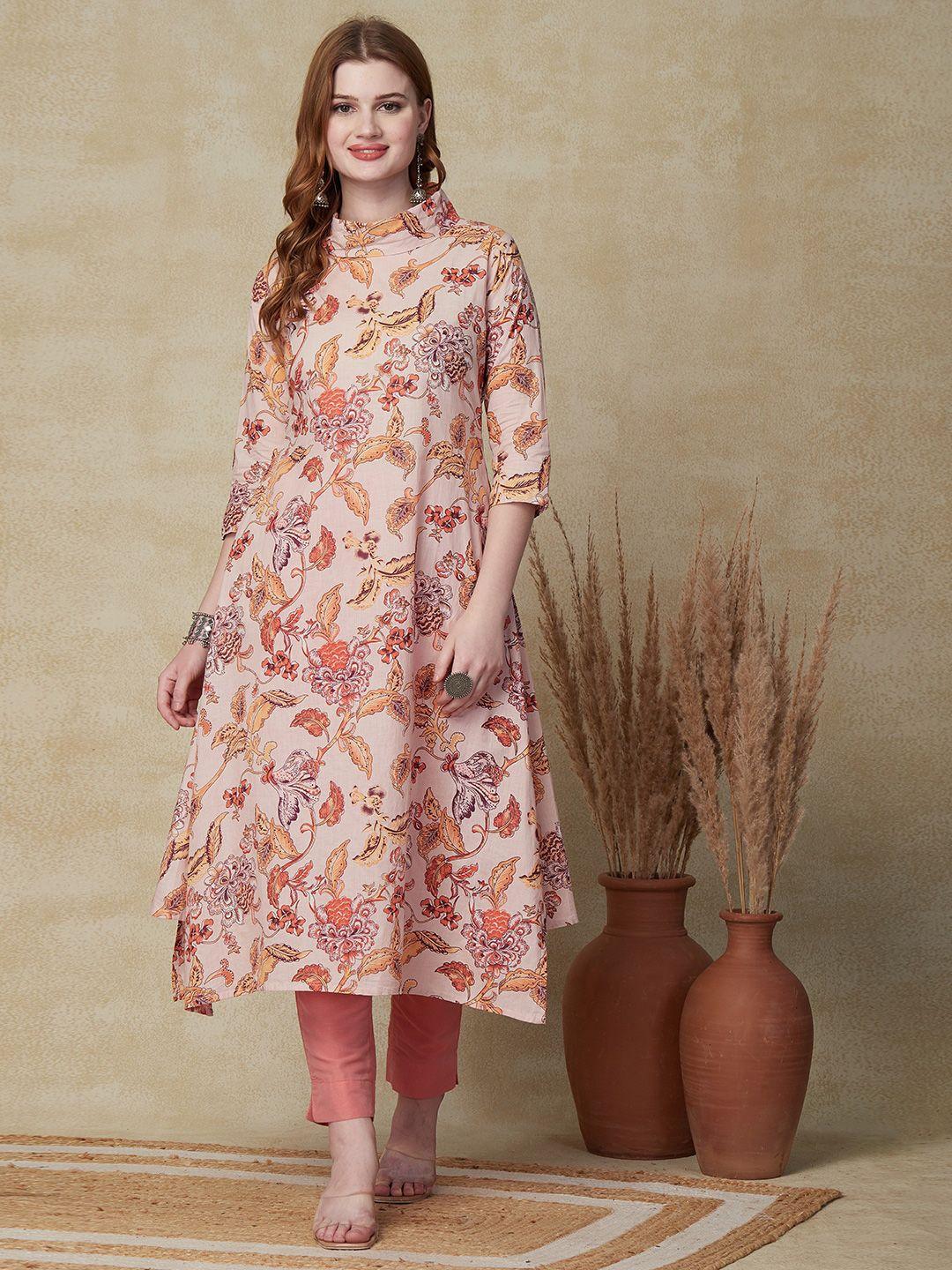 fashor peach-coloured floral printed asymmetric a-line kurta