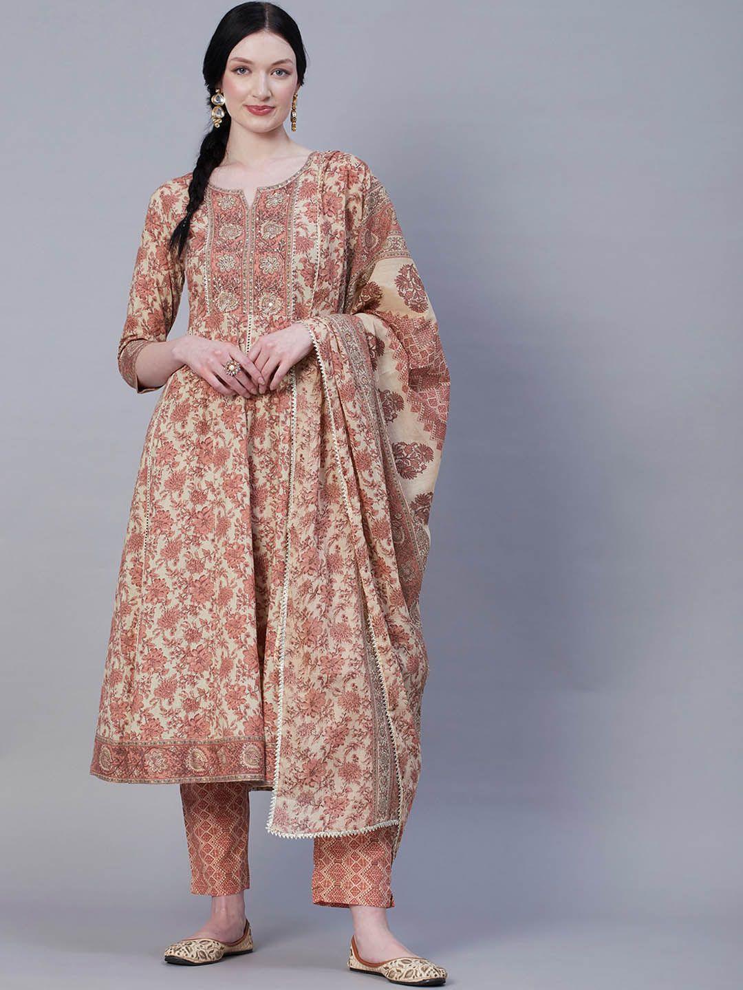 fashor peach-coloured floral printed mirror work pure cotton kurta & trousers with dupatta