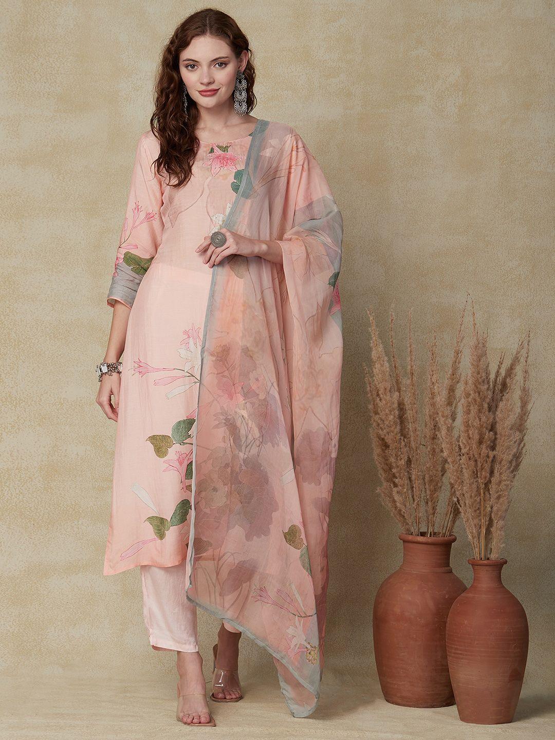 fashor peach-coloured floral printed straight kurta & trousers with dupatta