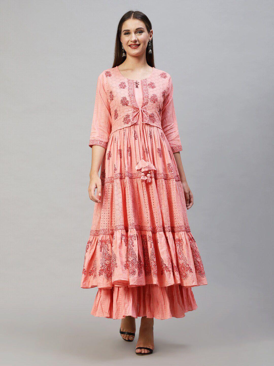 fashor peach-coloured floral tie-up neck layered maxi dress