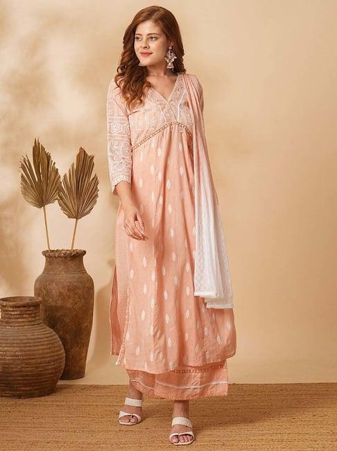 fashor peach cotton embroidered kurta & palazzo set with dupatta