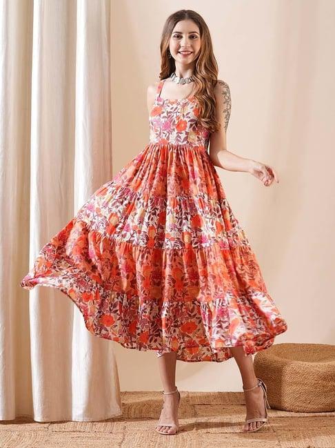 fashor peach cotton floral print a-line dress