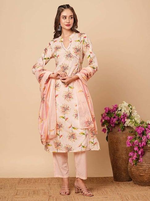 fashor peach cotton floral print kurta pant set with dupatta