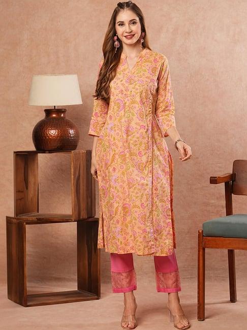 fashor peach cotton printed a line kurta