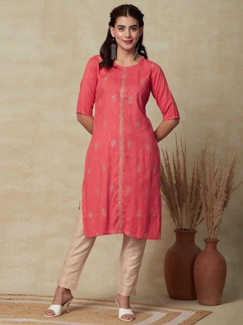 fashor peach embellished straight kurta