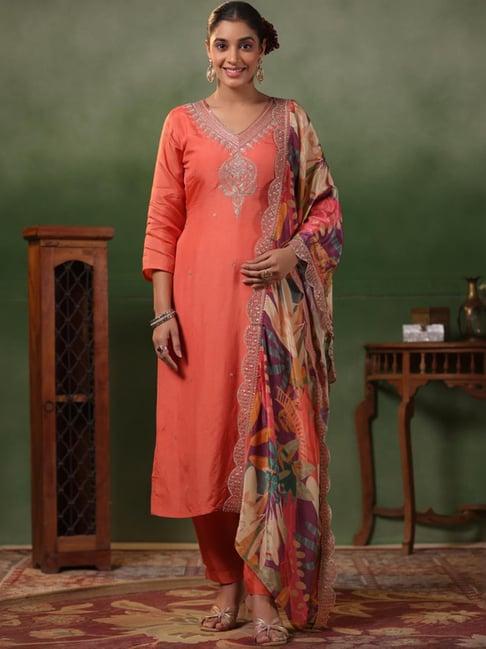 fashor peach embroidered kurta pant set with dupatta