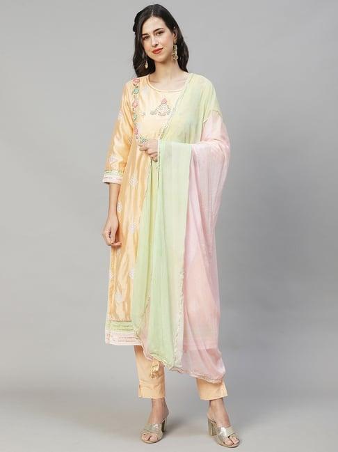 fashor peach embroidered kurta pant set with dupatta