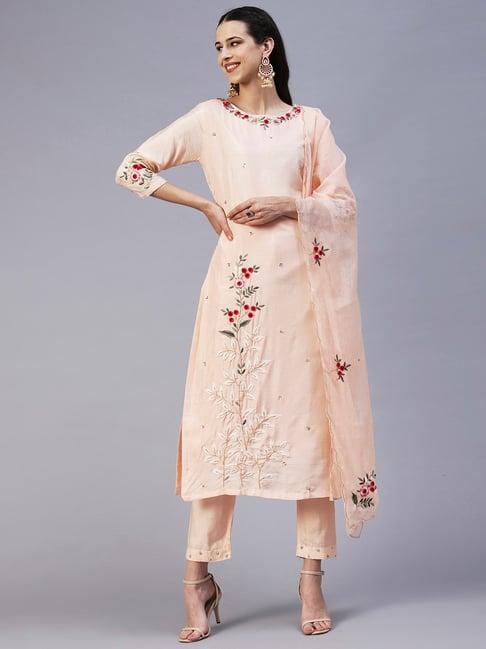 fashor peach embroidered kurta pant set with dupatta