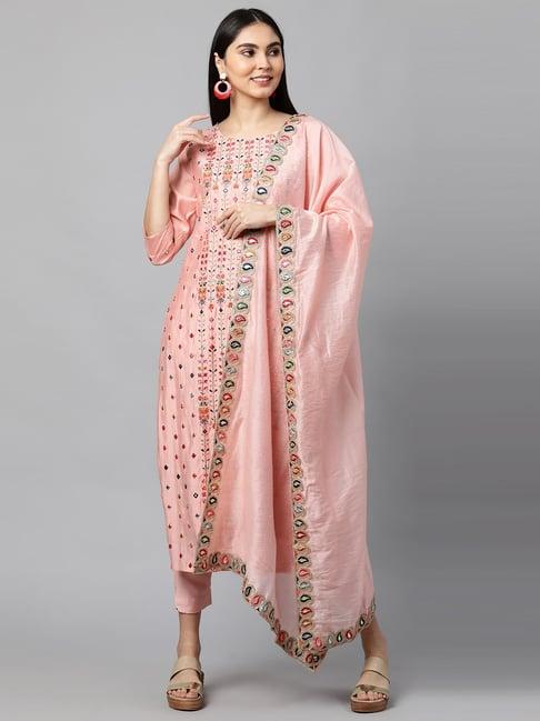 fashor peach floral mirror embroidered kurta with solid pant and dupatta