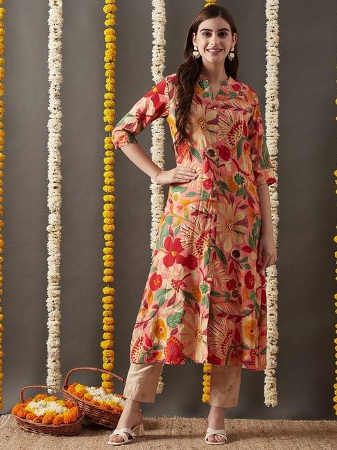 fashor peach floral print straight kurta