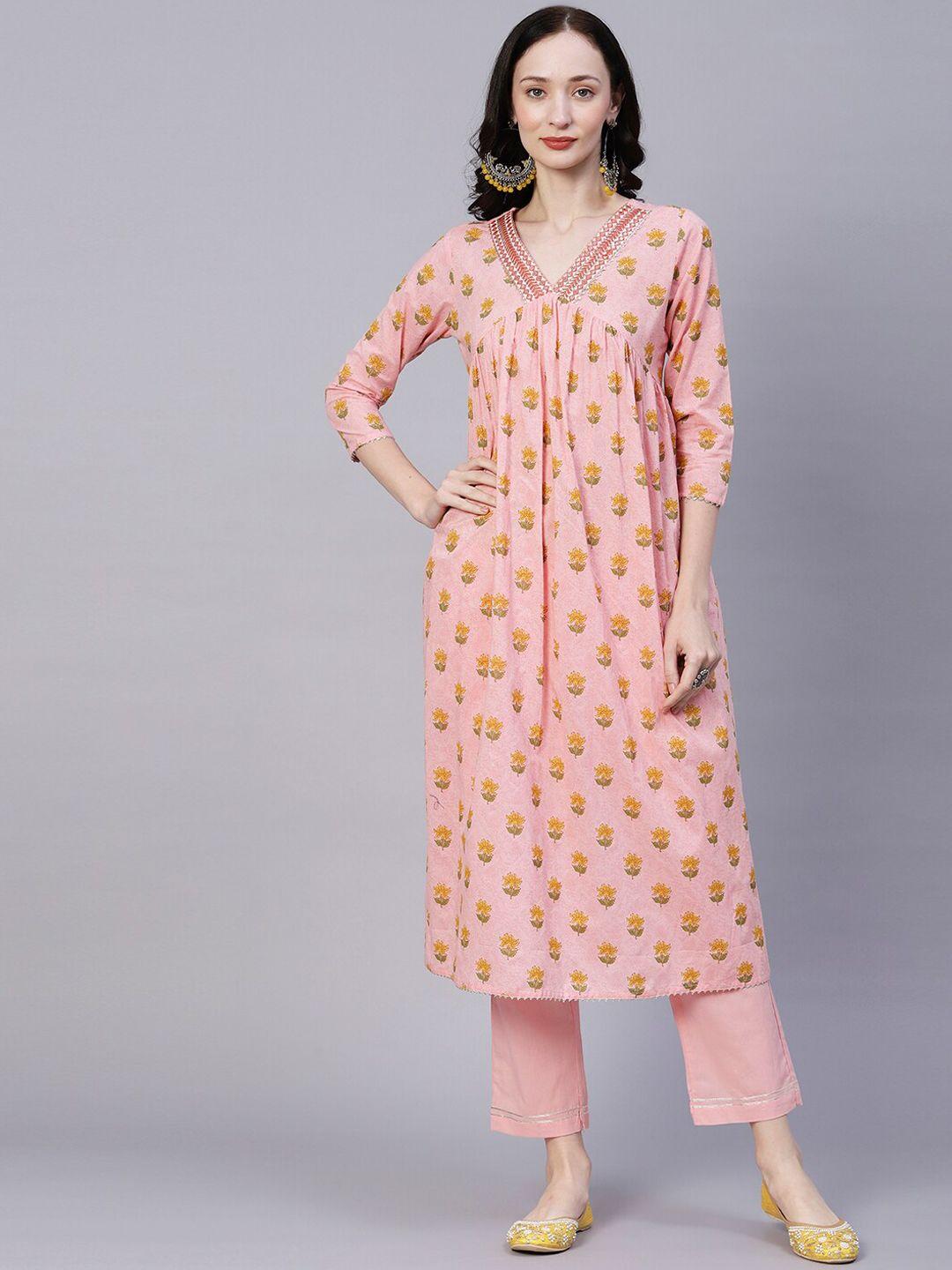 fashor peach floral printed v-neck empire kurta with trousers
