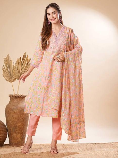 fashor peach printed kurta & pants set with dupatta