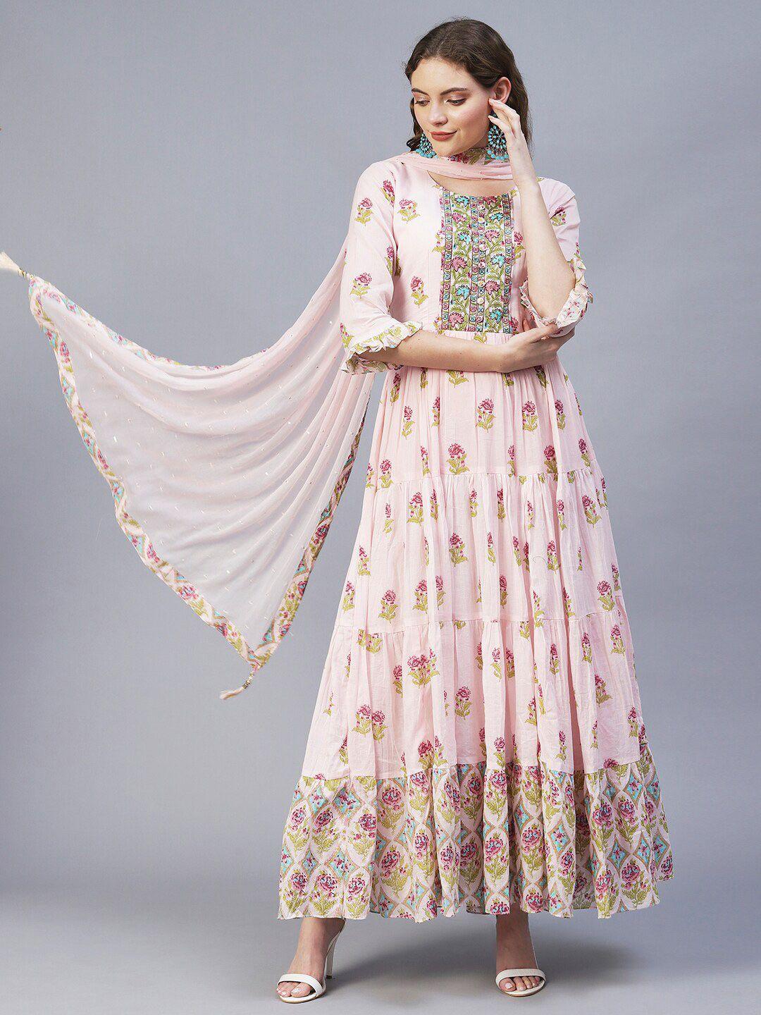 fashor pink & beige floral ethnic maxi dress