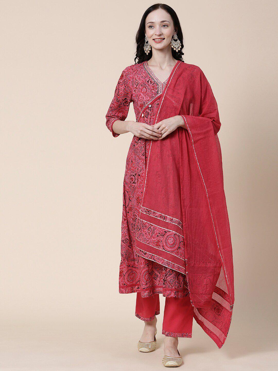 fashor pink & black printed mirror work pure cotton kurta with trousers & dupatta