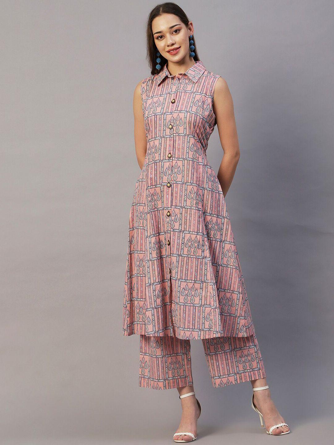 fashor pink & grey ethnic printed shirt collar a-line pure cotton kurta with palazzos