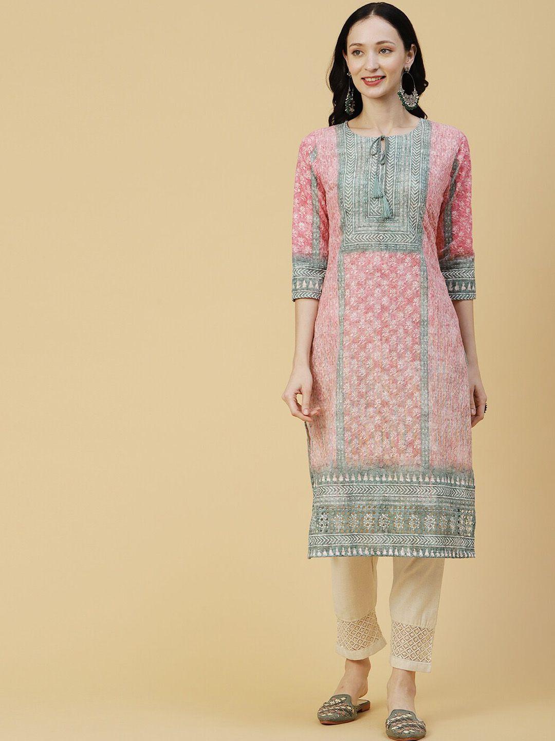 fashor pink & grey geometric printed tie up neck pure cotton kurta
