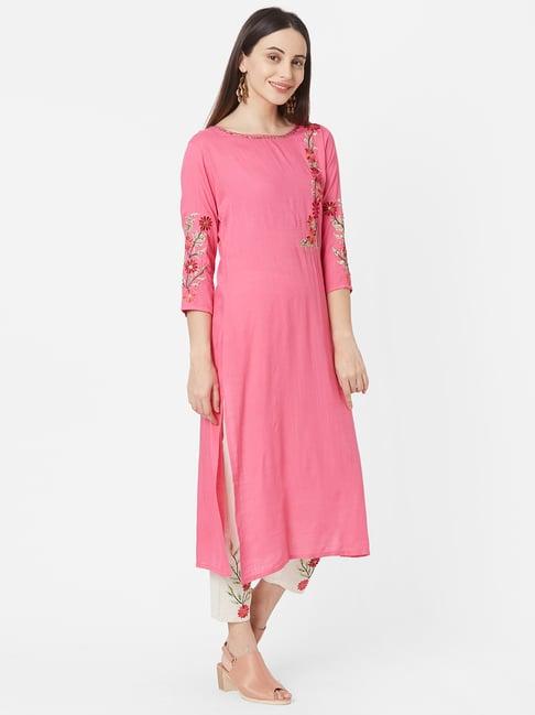 fashor pink & ivory embroidered kurta pant set