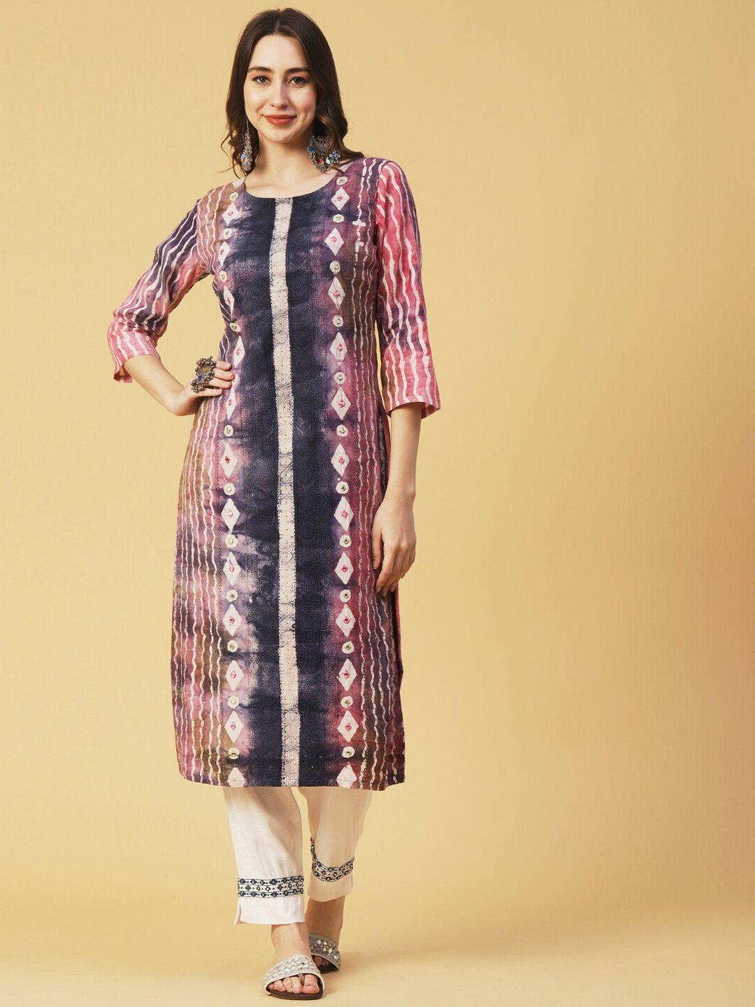 fashor pink & purple printed & embroidered regular straight kurta