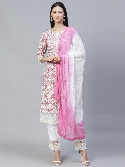 fashor pink & white cotton embroidered kurta pant set with dupatta