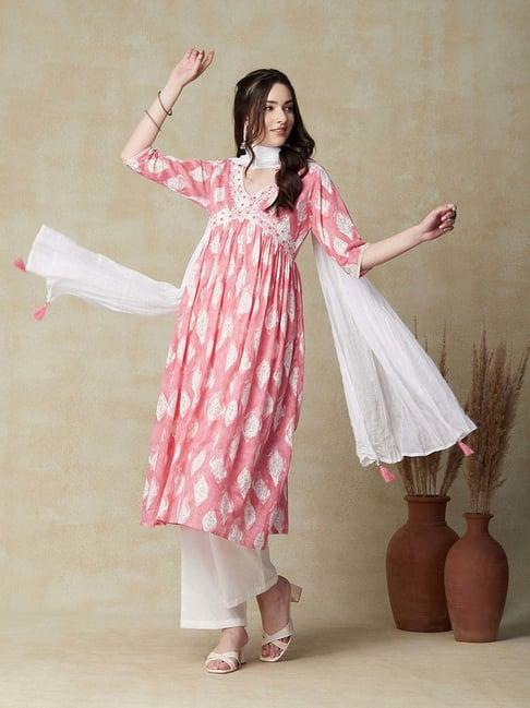 fashor pink & white cotton printed kurta palazzo set with dupatta