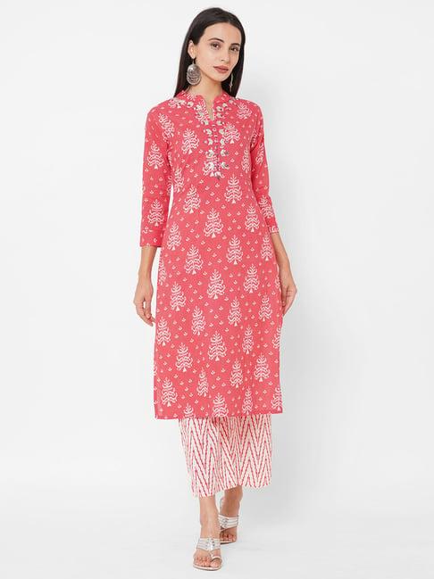 fashor pink & white printed kurta & palazzo set