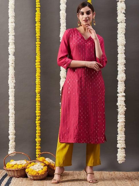 fashor pink & yellow embellished kurta pant set