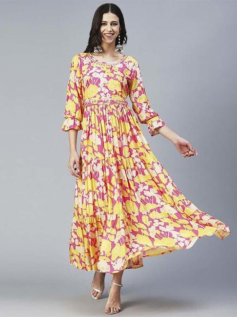 fashor pink & yellow printed maxi dress