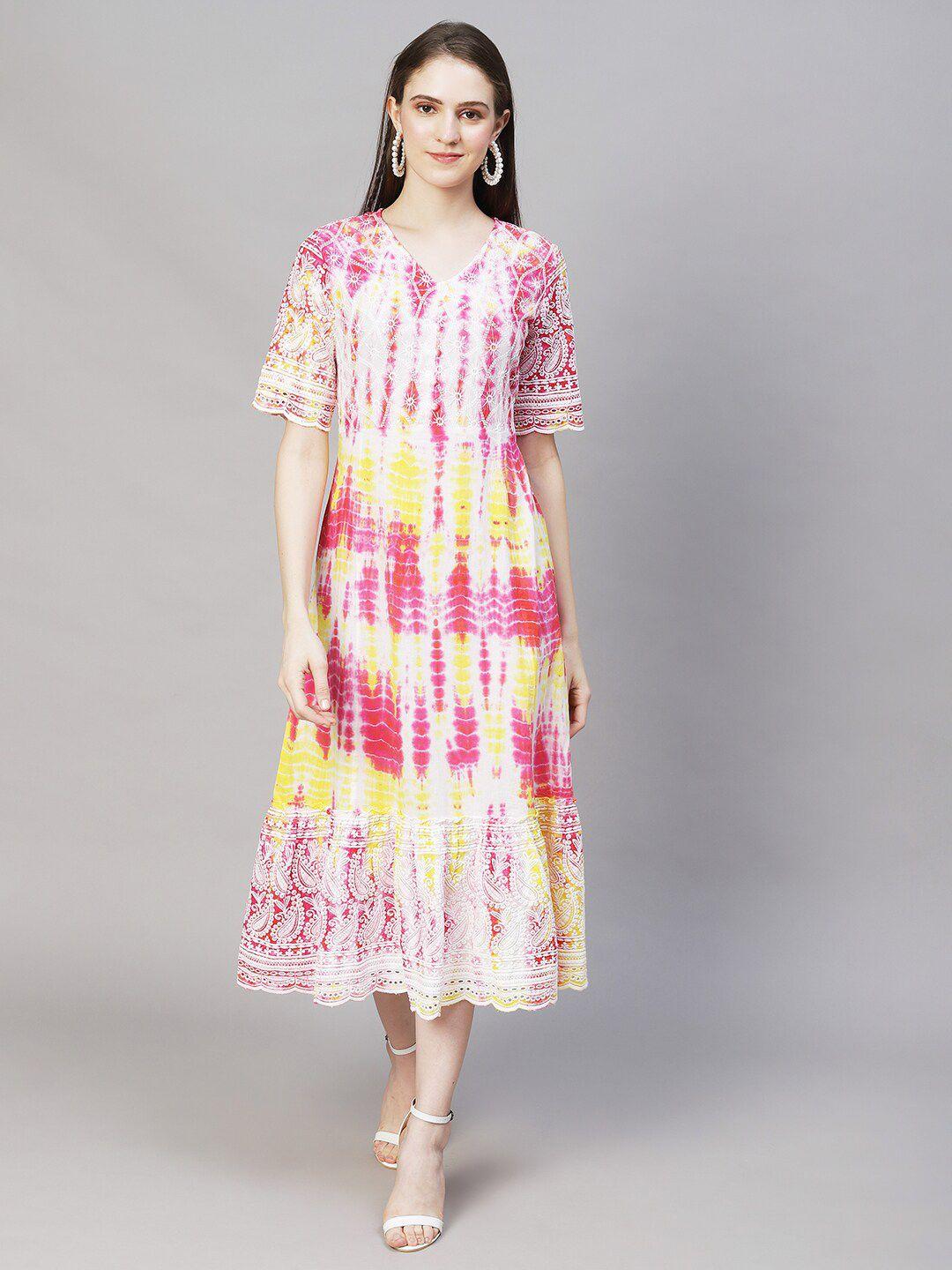 fashor pink & yellow tie and dye a-line midi dress