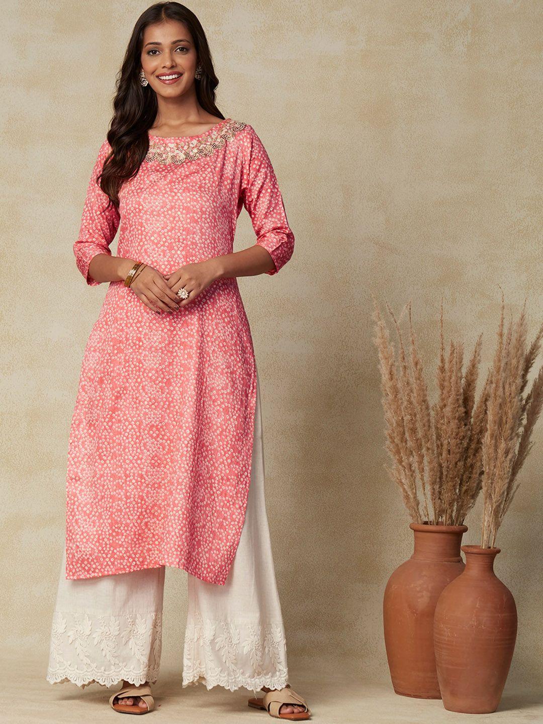 fashor pink bandhani printed floral embroidered beads detailed straight kurta