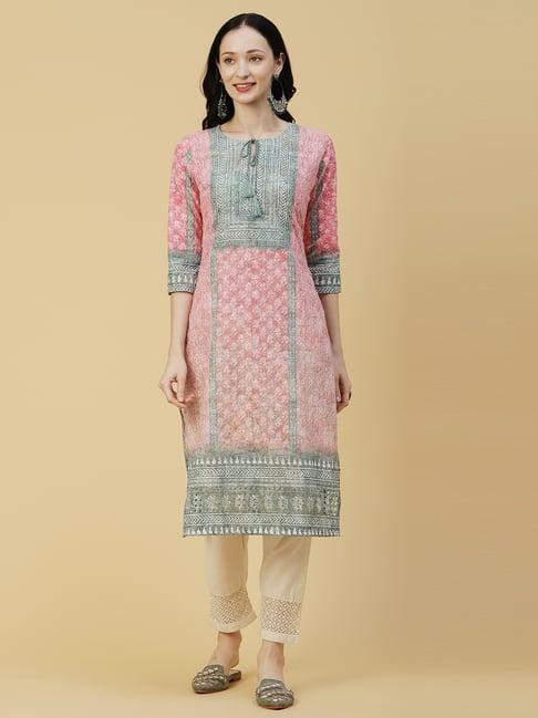 fashor pink cotton embellished straight kurta