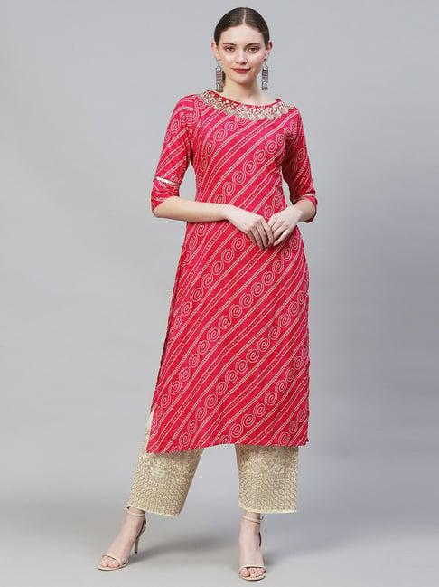 fashor pink cotton embellished straight kurta