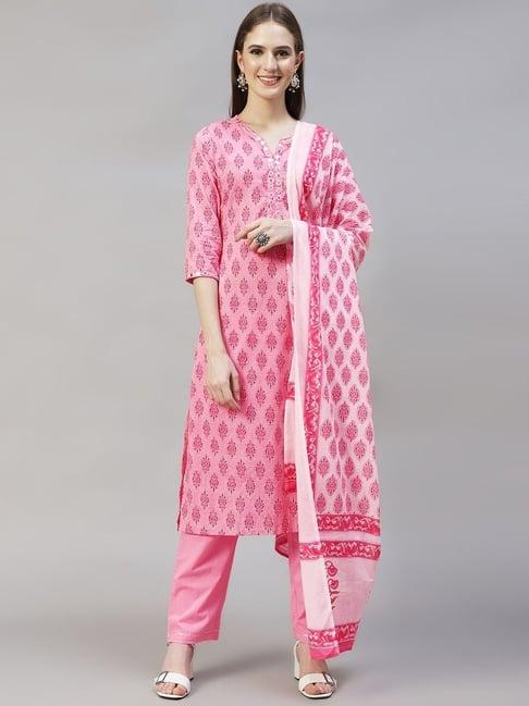 fashor pink cotton embroidered kurta pant set with dupatta