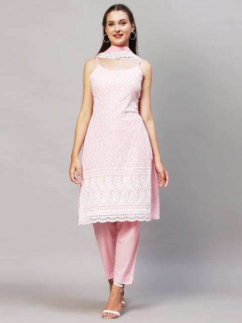 fashor pink cotton embroidered kurta pant set with dupatta