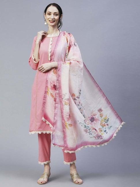 fashor pink cotton floral print kurta pant set with dupatta