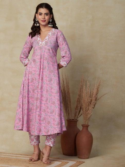 fashor pink cotton floral print kurta pant set