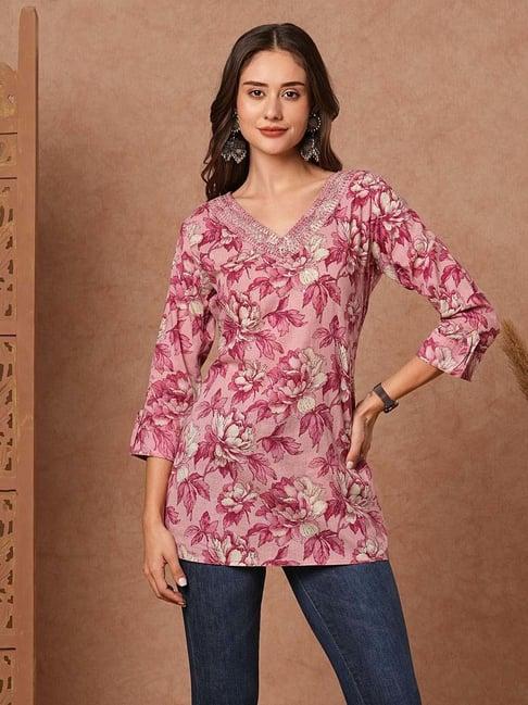 fashor pink cotton floral print straight kurti