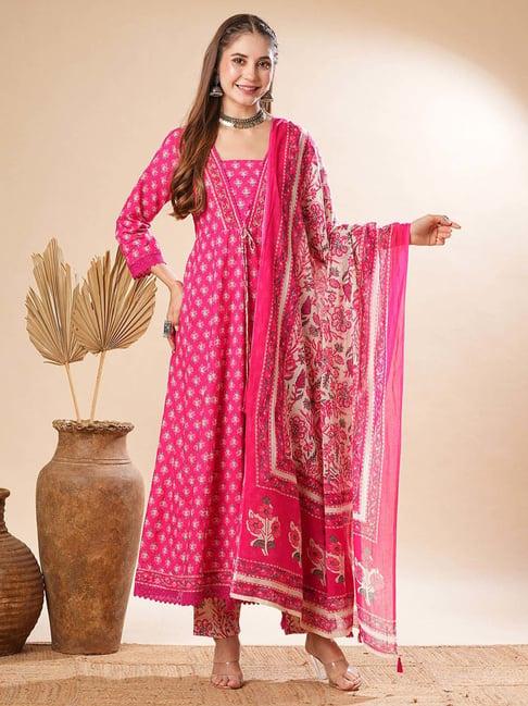 fashor pink cotton printed kurta & pant set with dupatta