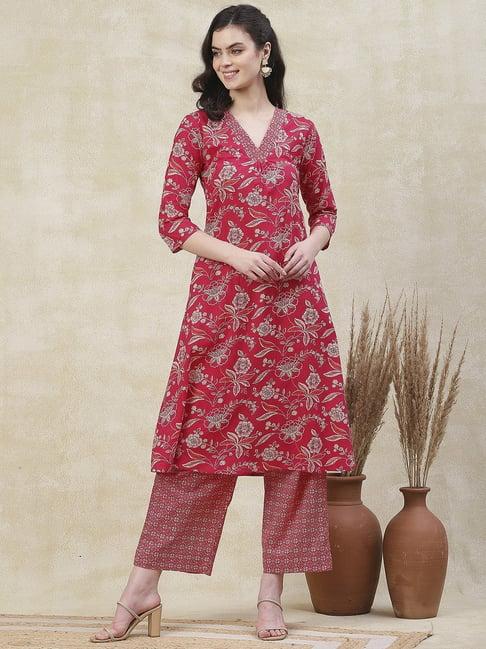 fashor pink cotton printed kurta palazzo set