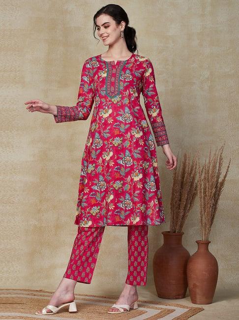 fashor pink cotton printed kurta pant set