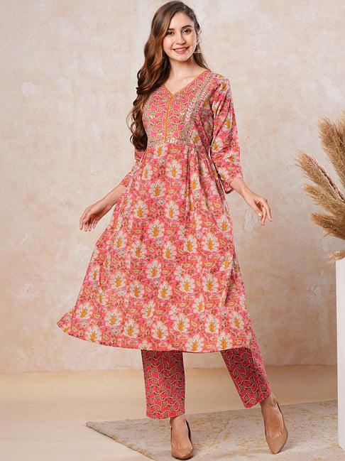 fashor pink cotton printed kurta pant set