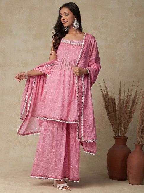 fashor pink cotton printed kurti sharara set with dupatta